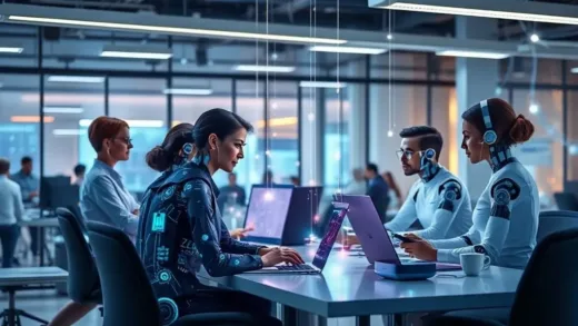 A futuristic office setting with a diverse team of human and AI figures collaborating on projects, glowing data streams connecting them, representing efficiency and innovation, vibrant and professional.