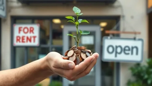 A person holding a small plant with coins growing from it, symbolizing financial relief and growth for small businesses. The background shows a blurry image of a small shop with a "for rent" sign now changed to "open".