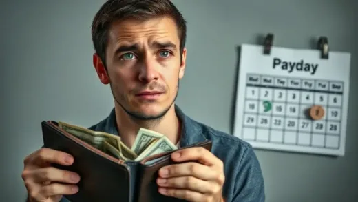 A person looking confused at an empty wallet and a disappearing money graphic, with a calendar marked for payday in the background. The atmosphere is a bit melancholic but hints at hope for financial improvement.