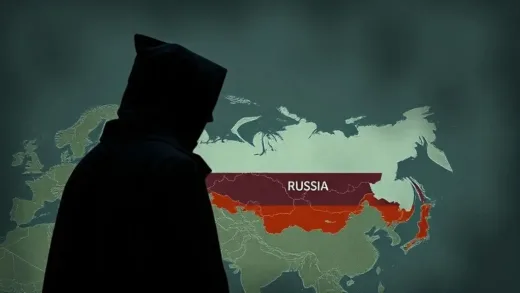 A shadowy figure overseeing a map of Russia, with money and power symbols.
