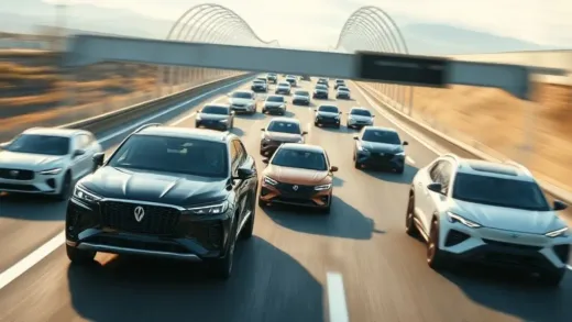 A dynamic shot of various new cars from 2025 models, including hybrids, EVs, and SUVs, driving on a futuristic highway, with a slight blur to convey speed and excitement. The atmosphere is bright and inviting.