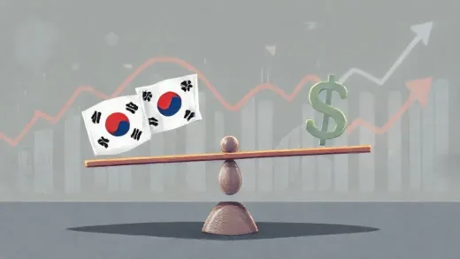 A digital illustration showing a seesaw with Korean Won on one side going down and US Dollar on the other side going up, symbolizing currency value fluctuation. In the background, abstract graphs and arrows indicating market trends. The overall mood is uncertain but with a clear shift.