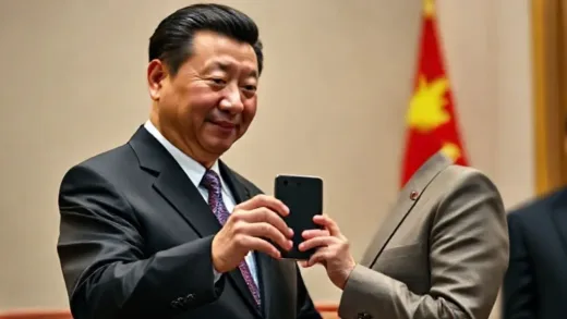 A formal diplomatic setting with Xi Jinping presenting a sleek, modern smartphone to a foreign dignitary, symbolizing a surprising gift and hinting at a deeper strategic meaning.