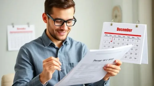 A person diligently checking financial documents and a calendar for December, with a calculator and a happy expression, symbolizing year-end tax planning and savings.