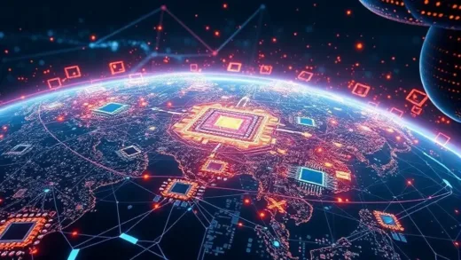 A dynamic, futuristic image depicting a global AI landscape with various chips and data flows, highlighting a specific area (Korea) where new opportunities are emerging, with diverse technologies converging, showing interconnected networks and glowing data streams.