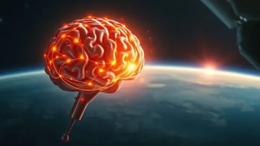 A thought-provoking image showing a glowing brain-like AI system contrasted with an energy crisis symbol, with a subtle hint of space and a satellite in the background, representing the dilemma and the solution.