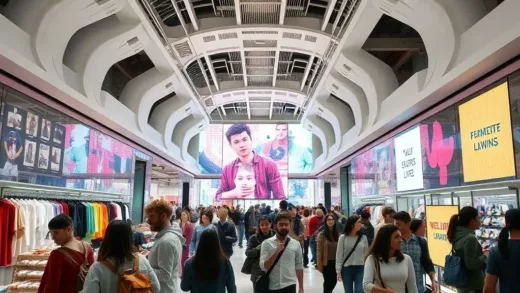 A vibrant, futuristic department store interior with unique, lesser-known fashion brands displayed, not traditional luxury ones. Young, diverse crowd enjoying the shopping and cultural experience. Modern art installations are visible, reflecting advertising for exhibitions rather than products. The architecture is bold and non-traditional.