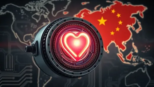 A powerful electric vehicle motor with a glowing heart-shaped neodymium magnet at its core, surrounded by an intricate circuit board pattern, against a backdrop of a map of China casting a long shadow over the global supply chain.