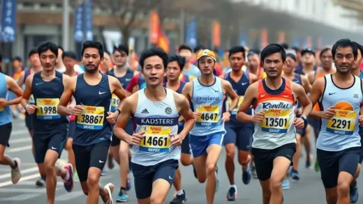 A dynamic photo of a diverse group of runners, showing both elite-looking athletes and enthusiastic masters runners, on a marathon course in Korea, with a sense of energy and competition.