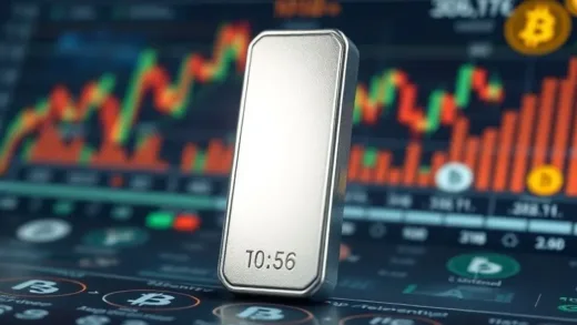 A shining silver bar standing out prominently amidst a blurry background of stock charts and cryptocurrency logos, symbolizing its unexpected rise. The silver bar should reflect light dramatically.