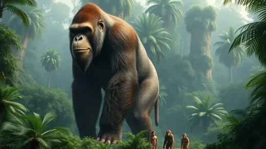 A majestic, enormous Gigantopithecus, similar to King Louie from "The Jungle Book," standing tall in a dense prehistoric jungle, with smaller early hominins in the background, conveying a sense of awe and mystery.