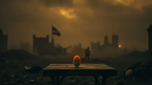 A dramatic, sepia-toned image of a dimly lit, war-torn European landscape, with a single, glowing fried egg gently placed on a makeshift table in the foreground, symbolizing hope and longing amidst hardship.