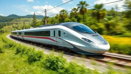 A sleek, modern high-speed train (Whoosh) speeding through a lush green landscape in Indonesia. Enthusiastic Indonesian people wave as the train passes. The train embodies national pride and technological advancement. Sunny day with clear skies. Focus on speed and modernity.