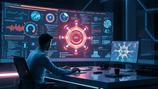 A futuristic desk setup with a person collaborating with a glowing, intelligent AI interface, showing complex data visualizations, code snippets, and creative designs, symbolizing human-AI partnership.