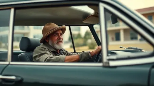 A person in humble attire driving an old car, with a subtle background hinting at significant wealth like a modern building or a large estate, contrasting with a flashy person in luxury items struggling with bills. Focus on the paradox of quiet wealth.