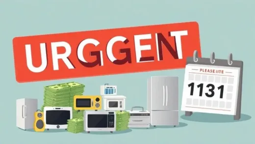 A graphic displaying a large 'URGENT' sign, a stack of money, and various home appliances, with a calendar indicating a fast-approaching deadline. The overall tone should convey urgency and financial benefit.
