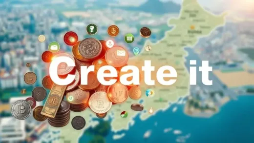 A dynamic and engaging image showing various coins and bills transforming into glowing information icons, symbolizing 'information is money.' The background features a blurred map of South Korea with diverse cityscapes and rural areas, representing nationwide support. Bright, optimistic lighting.