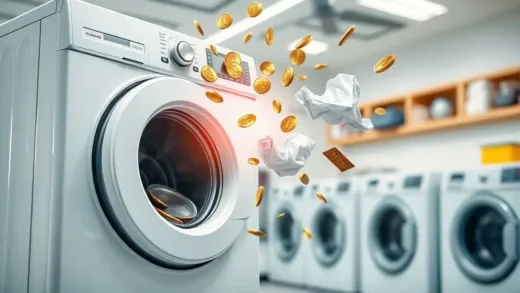 A bright, dynamic image of a washing machine with coins and laundry flying out, symbolizing affordable laundry services and a revolution in the industry. The background is a clean, modern laundry shop.