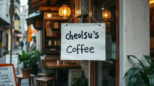 A cozy, small cafe with a handwritten 'Cheolsu's Coffee' sign on an A4 paper, nestled in a vibrant Hongdae alleyway in Seoul, 2015. Emphasize a sense of humble beginnings and potential.