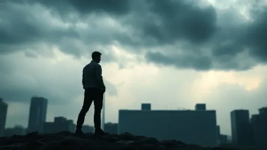 A person standing firm against a storm, representing resilience and tough decisions, with a silhouette of a large corporate building in the background.