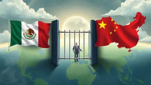 A dramatic illustration of two countries, Mexico and China, with a large tariff barrier suddenly erected between them. The US is subtly in the background, appearing to influence Mexico. Global trade routes are disrupted.
