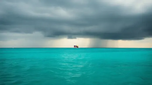 A serene emerald Caribbean sea with a subtle, ominous shadow creeping over it. In the distance, abstract symbols representing the US and Venezuela are locked in a tense, non-violent confrontation. The overall mood is one of impending geopolitical storm over a beautiful, peaceful landscape.