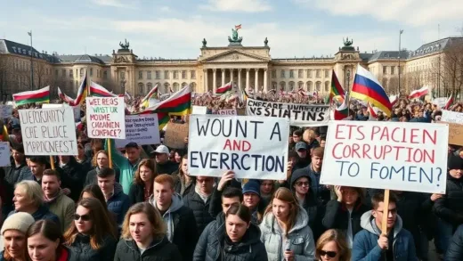 A large crowd of young people in Sofia, Bulgaria, protesting against corruption, holding banners with clear messages, the city landmark in the background, vibrant and determined atmosphere, daylight, realistic.