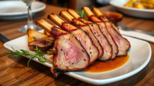 A beautifully plated Iberico pork dish, perfectly grilled, with a focus on its rich texture and color, set in a rustic Spanish restaurant.