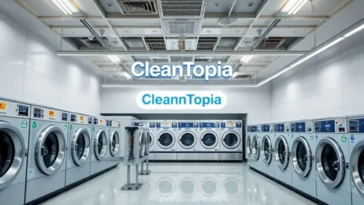 A vibrant image of a modern laundry facility with the CleanTopia logo prominently displayed, showing both traditional dry cleaning and self-service coin laundry sections. The overall atmosphere should be clean, efficient, and innovative, hinting at business growth and success.