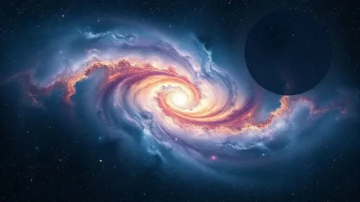 Abstract image of the universe, with a question mark subtly integrated, swirling galaxies, cosmic dust, and a sense of profound mystery, deep space colors, high resolution, digital art.