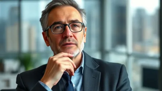 A wise, experienced business leader with a thoughtful expression, perhaps in a modern office setting with a blurred background of a bustling city, symbolizing deep insight and vision.
