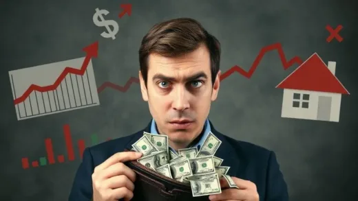 A person looking confused and stressed, surrounded by abstract representations of rising interest rates, falling stock charts, and declining house prices. Money flowing out of a wallet. The overall tone is dramatic and eye-opening.