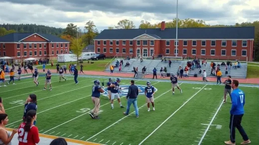 A dynamic scene of a college football campus buzzing with energy, players practicing on the field, and students cheering, hinting at the exciting and unpredictable life at Blue Mountain State University.