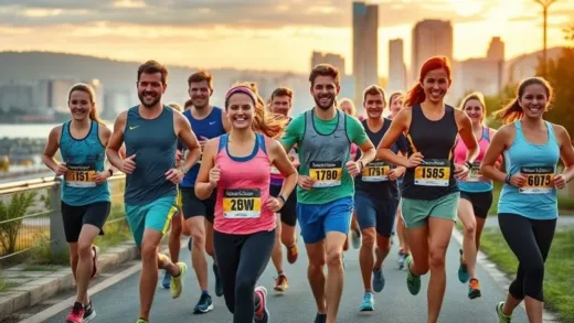 A diverse group of happy runners, smiling and running together on a scenic city path at sunrise. They are wearing various brands of running shoes and sportswear. Focus on a sense of community and active lifestyle. Bright, energetic colors.