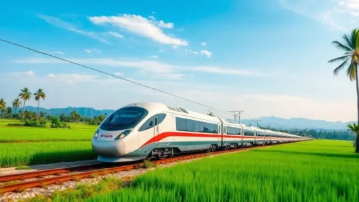 A sleek, modern high-speed train named "Whoosh" speeding through a vibrant Indonesian landscape, with lush green rice fields, palm trees, and distant mountains under a clear blue sky. The train is a focal point, representing speed and progress, with a subtle sense of national pride in the atmosphere.