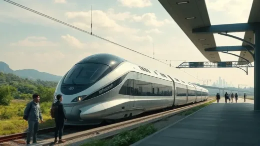 A futuristic high-speed train, 'Whoosh', at a station in a lush green, somewhat remote landscape, with a city skyline visible faintly in the far distance. Passengers are looking around, perhaps a bit disoriented. The station architecture is modern and sleek.