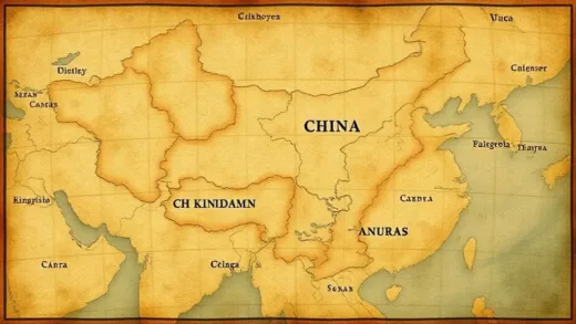 An ancient map of China showing the division of the Three Kingdoms, with subtle overlays indicating different agricultural regions and food production, perhaps with small icons of grains and rice. The map should have an aged, historical feel, evoking intrigue and discovery.