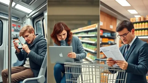 A person on a subway looking at a smartphone with economic news, while another person is closing a laptop in a cafe, looking frustrated. A woman pushing a shopping cart in a supermarket with worried expression. A businessman reviewing loan documents. The image should convey a sense of disconnect between official statistics and individual's financial struggles.