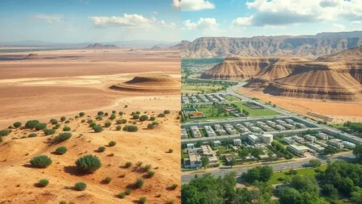 An artistic rendering of a barren desert landscape on one side, and a lush, green oasis thriving with modern infrastructure on the other side, symbolizing Israel's transformation despite water scarcity. Focus on contrast and hope.