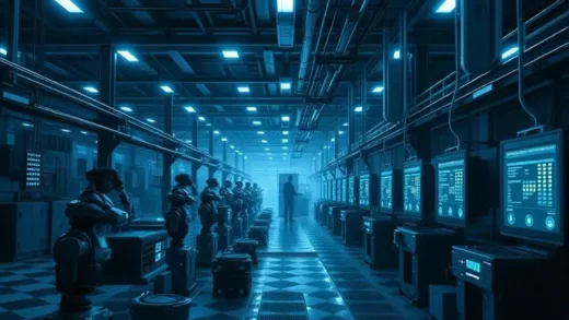 A futuristic factory interior with no human workers, only advanced robots operating machinery in a dimly lit, high-tech environment, emphasizing automation and efficiency. Digital displays on machinery glow. Dark and blue color scheme.