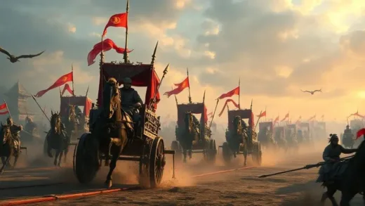 A dramatic scene from a video game depicting powerful chariots charging, contrasted with a subtle background suggesting ancient Chinese warfare, high detail, vibrant colors, fantasy art style.