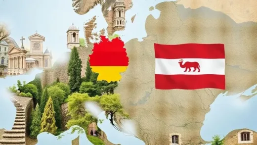 A captivating image showing two distinct yet similar European countries, Germany and Austria, geographically close but visually separated by a historical timeline or a subtle, winding path. The image should evoke a sense of shared heritage but also diverging destinies, perhaps with elements of their respective national symbols or historical figures blending into the background.