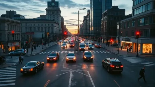 A bustling city intersection at twilight, with various vehicles and pedestrians, subtly highlighting potential blind spots and hidden dangers, conveying a sense of urban vulnerability and the need for safety.