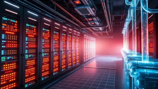A futuristic data center environment with glowing servers, but with visible heat waves emanating from them, being counteracted by advanced cooling systems with visible liquid cooling pipes. The scene should convey both high technology and the challenge of heat management. Focus on the contrast between hot and cold.