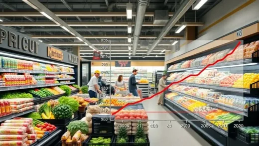 A modern, bustling supermarket with diverse products, symbolizing the challenges of consistent business success, contrasted with a steady, strong graph showing continuous profit for over two decades. There should be a subtle hint of an industrial, metal-related theme in the background.