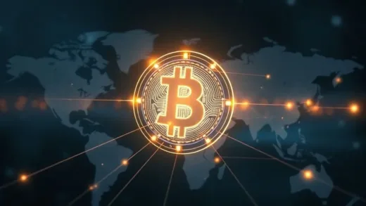 A stylized digital dollar coin, pulsating with light, connected by glowing lines to a global network represented by a faint world map in the background. Futuristic and dynamic.