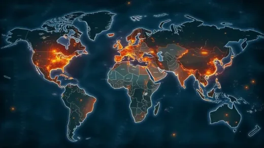 An overhead view of a detailed world map with various energy infrastructure icons (gas power plants, offshore wind turbines, large electricity turbines, power lines) illuminating across different continents, with a subtle glow over the entire map, representing an intricate energy network. High detail, futuristic, cinematic.