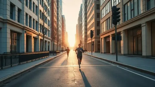 A vibrant city street at dawn, with a few runners gracefully navigating the empty sidewalks, bathed in soft morning light. Show a harmonious blend of urban architecture and the energy of running.