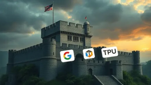 A dramatic scene showing a large, powerful NVIDIA GPU as a fortress, with smaller but agile Google TPU and Meta logos attempting to find a weak point or build a new path around it, symbolizing a challenge to dominance in the AI hardware market.