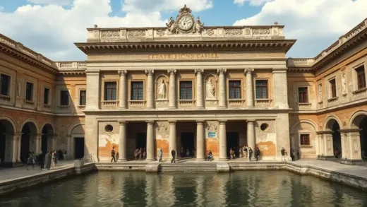 A grand, beautifully rendered ancient Roman public bathhouse exterior at its peak, with people entering, but with a subtle, almost imperceptible hint of a murky, unseen underside.